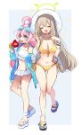  2girls ahoge aqua_jacket bikini blue_archive blue_eyes blush bracelet breasts cleavage closed_eyes commentary_request cup eyewear_on_head fang flower full_body halo hat heterochromia highres holding holding_cup hoshino_(blue_archive) hoshino_(swimsuit)_(blue_archive) jacket jewelry light_brown_hair long_hair long_sleeves multiple_girls navel nonomi_(blue_archive) nonomi_(swimsuit)_(blue_archive) official_alternate_costume open_clothes open_jacket open_mouth pink_hair sandals sparkle standing stomach sunglasses swimsuit very_long_hair white_bikini white_hat yellow_bikini yun_(dust-i1) 