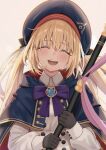  1girl artoria_caster_(fate) artoria_pendragon_(fate) black_gloves blonde_hair blue_cape blue_cloak blush bomberca309 bow cape capelet cloak dress fate/grand_order fate_(series) gloves hat holding holding_staff hood hooded_cape long_hair long_sleeves looking_at_viewer multicolored_cape multicolored_capelet multicolored_clothes open_mouth smile solo staff twintails 