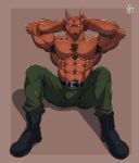  2024 abs absurd_res anthro armpit_hair athletic biceps big_muscles bodily_fluids body_hair boots bottomwear brown_body brown_fur bulge canid canine canis chest_tuft clothing digital_drawing_(artwork) digital_media_(artwork) exercise footwear fur green_bottomwear green_clothing green_pants happy happy_trail hi_res kobold_(suikoden) konami male mammal muscular muscular_anthro muscular_male navel pants pecs ridley_wizen shibyokami sit-up solo suikoden suikoden_2 sweat tuft workout 