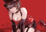  1girl absurdres black_collar black_gloves black_hat black_shorts breasts brown_hair cleavage collar collarbone elbow_gloves garter_straps gloves hat highres leaning_forward looking_at_viewer medium_breasts niijima_makoto parted_lips persona persona_5 persona_5:_dancing_star_night persona_dancing red_background red_eyes short_hair short_shorts shorts solo ssssantn 
