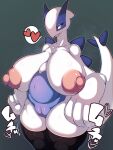  3:4 absurd_res anthro areola big_breasts breasts censored clothing female generation_2_pokemon genitals heart_symbol hi_res legendary_pokemon legwear looking_at_viewer lugia nintendo nipples pepper_gomashio pokemon pokemon_(species) pussy simple_background smile solo stockings thick_thighs white_body 