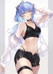  1girl alternate_costume black_choker black_shorts black_sports_bra blue_eyes blue_hair border breasts choker cleavage commentary_request cowboy_shot grey_border highleg highres hololive hoshimachi_suisei latex_shorts light_blue_hair looking_at_viewer medium_breasts midriff navel off_shoulder omoti_(1201208) open_clothes open_shirt see-through_silhouette shirt short_shorts shorts side_ponytail smile solo sports_bra star_(symbol) star_choker thigh_strap virtual_youtuber white_background white_shirt 