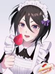  1girl absurdres alternate_costume apron bleach bleach:_sennen_kessen-hen bow cake enmaided food frilled_apron frills fruit gwao_(_ul_13) hair_ornament highres holding kuchiki_rukia looking_at_viewer maid maid_apron maid_headdress open_mouth plate simple_background solo strawberry white_apron 