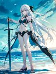 absurdres ai-generated artist_request beach bikini blue_eyes fate/grand_order fate_(series) highres holding holding_weapon morgan_le_fay_(fate) sandals swimsuit sword weapon white_hair 