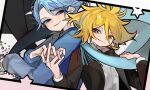  2boys black_suit blonde_hair blue_eyes blue_hair blue_scarf brothers frill_inferno hair_between_eyes holding_hands long_sleeves male_focus multiple_boys otogami_sorachika pppppp scarf shirt siblings smile sonoda_lucky suit symbol-shaped_pupils upper_body white_shirt 