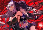 2girls absurdres acheron_(honkai:_star_rail) bare_shoulders black_gloves black_swan_(honkai:_star_rail) breasts cleavage clenched_teeth commentary_request dress elbow_gloves flower gloves highres holding_another&#039;s_wrist honkai:_star_rail honkai_(series) long_hair looking_at_viewer medium_breasts midriff multiple_girls navel purple_eyes purple_hair red_background red_flower sleeveless sleeveless_dress stomach teeth veil very_long_hair yellow_eyes yellow_takano 