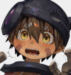  1boy android blush brown_eyes brown_hair cape collar commentary_request damaged facial_mark facial_tattoo fake_horns hair_between_eyes helmet highres horned_helmet horns looking_at_viewer made_in_abyss maido_(gokujohoureisen) male_focus mechanical_hands metal_collar motion_lines neck open_mouth pointy_ears portrait red_cape regu_(made_in_abyss) robot simple_background slit_pupils solo standing tattoo teeth twitching v-shaped_eyebrows white_background yellow_eyes 
