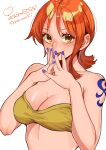  1girl aosora2823 azuki_sena bare_arms bare_shoulders breasts brown_eyes cleavage collaboration commentary_request heart highres large_breasts looking_at_viewer midriff nail_polish nami_(one_piece) one_piece orange_hair own_hands_together purple_nails short_hair shoulder_tattoo simple_background single_sidelock smile solo strapless tattoo tongue tongue_out tube_top twitter_username upper_body white_background yellow_tube_top 