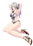  1girl adapted_costume arlecchino_(genshin_impact) armpits arms_behind_head arms_up bare_legs bare_shoulders bikini black_hair breasts collarbone commentary_request genshin_impact grey_hair hair_tie_in_mouth high_heels highres medium_breasts mouth_hold multicolored_hair navel sandals simple_background solo streaked_hair swimsuit thighs wagashi425 white_background 
