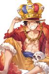  1boy abs barefoot black_hair blue_sash brown_eyes cape chain chain_necklace crown fur-trimmed_shorts fur_cape fur_trim gold_chain grin hat highres jewelry jolly_roger jyukawa looking_at_viewer monkey_d._luffy necklace one_eye_closed one_piece open_clothes open_shirt red_cape red_shirt sash scar scar_on_cheek scar_on_face shirt short_hair shorts simple_background sitting skull smile solo straw_hat teeth toned toned_male waist_sash white_background yellow_shorts 