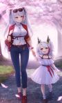  2girls age_difference azur_lane blue_pants breasts cherry_blossoms child cross_hair_ornament dress eyewear_on_head hair_ornament highres jewelry little_prinz_eugen_(azur_lane) long_sleeves multicolored_hair multiple_girls navel necklace outdoors pants prinz_eugen_(azur_lane) puffy_long_sleeves puffy_sleeves red_footwear shirt smile spring_(season) striped_hair two-tone_hair two_side_up waa!_okami walking white_dress white_hair white_shirt yellow_eyes 