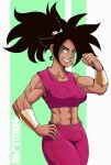  1girl abs absurdres artist_name black_hair breasts crop_top dragon_ball dragon_ball_super earrings highres jewelry kefla_(dragon_ball) krello_png looking_at_viewer midriff muscular muscular_female pants potara_earrings purple_tank_top saiyan smile solo tank_top 