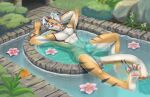 2024 anthro blep blush briefs bulge claws clothed clothing detailed detailed_background digital_media_(artwork) felid feline flower fur g-string hair hi_res howlfeiwolf looking_at_viewer male mammal markings navel orange_body outside pantherine partially_submerged pawpads paws pecs plant pool smile solo stripes swimwear tail teeth thong tiger tongue tongue_out topless tuft underwear unnamed_character water wet white_body white_hair