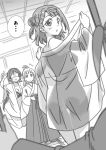  4girls blunt_bangs blurry blurry_foreground braid braided_bun breasts chestnut_mouth commentary_request evil_smile greyscale groping_motion hair_bun hair_ornament hair_scrunchie hairclip hakama hakama_skirt heanna_sumire in-franchise_crossover japanese_clothes large_breasts long_hair love_live! love_live!_nijigasaki_high_school_idol_club love_live!_school_idol_project love_live!_superstar!! low_twintails marugoshi_teppei medium_breasts medium_hair miko monochrome multiple_girls notice_lines open_mouth out_of_frame scrunchie see-through_silhouette single_side_bun skirt smile standing swept_bangs takasaki_yu thigh_gap tojo_nozomi translation_request twintails uehara_ayumu 