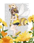  1girl antennae bee_costume bee_wings brown_hair crocs dandelion dress flower freckles full_body girutea highres honeycomb_ornament indie_virtual_youtuber lily_hopkins looking_at_viewer open_mouth short_hair shorts smile solo standing standing_on_one_leg teeth upper_teeth_only wall_of_text wand white_background yellow_dress 