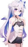  1girl amane_kanata amane_kanata_(another_world) angel_wings bare_arms black_bra black_collar blue_hair blue_halo blush bra chest_harness closed_mouth collar colored_inner_hair commentary cowboy_shot dot_mouth dot_nose double-parted_bangs expressionless feathered_wings fragir gradient_hair gradient_wings grey_hair hair_between_eyes hair_bun half_updo halo harness highres hololive lace-trimmed_bra lace_trim long_hair looking_at_viewer mini_wings multicolored_hair multicolored_wings navel o-ring o-ring_harness o-ring_top official_alternate_costume official_alternate_hairstyle purple_eyes purple_hair purple_wings shoulder_tattoo sidelocks simple_background single_hair_intake single_side_bun solo standing star_halo strapless strapless_bra tattoo underwear very_long_hair virtual_youtuber white_background white_wings wings 