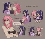  2girls bare_shoulders black_gloves blunt_bangs blush breasts cleavage closed_eyes closed_mouth controller couple crossed_arms earrings elbow_gloves english_text from_behind genshin_impact glasses gloves hair_between_eyes hair_down headphones holding hood hoodie imminent_kiss jewelry light_blush long_hair lying lying_on_person mole mole_under_eye multiple_girls nonons open_mouth pink_hair purple_eyes purple_hair raiden_shogun raiden_shogun_(2nd_anniversary) simple_background sitting smile speech_bubble standing sweatdrop yae_miko yae_miko_(2nd_anniversary) 