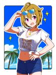  1girl ahoge bare_arms blue-tinted_eyewear blue_shorts collarbone cowboy_shot eyewear_on_head hand_on_own_hip highres ibuki_tsubasa idolmaster idolmaster_million_live! idolmaster_million_live!_theater_days jewelry light_brown_hair looking_at_viewer midriff navel necklace outline print_shirt shirt short_hair short_shorts short_sleeves shorts solo standing star_(symbol) star_necklace stomach sunglasses tied_shirt tinted_eyewear trinitro_t white_outline white_shirt 