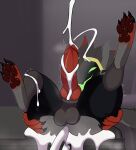  abzollozdol animal_genitalia animal_penis anthro bodily_fluids butt canine_genitalia canine_penis cum erection excessive_cum excessive_genital_fluids fur genital_fluids genitals green_eyes hi_res knot machine male pawpads paws penis protogen red_body red_fur sledgelp solo spread_butt spread_legs spreading 