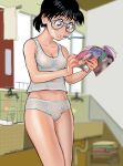  1girl aviator_eyewear black_hair blue_eyes blurry blurry_background book book_stack breasts briefs bulge cleavage collarbone commentary_request cup drinking_glass faucet feet_out_of_frame futanari grey-framed_eyewear highres holding holding_magazine indoors jimiko looking_down magazine_(object) male_underwear midriff mouth_hold original panties pornography reading short_hair small_breasts solo standing tank_top thighs tile_wall tiles towel underwear uro_(urouroo) white_panties white_tank_top window 