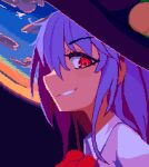  1girl black_hat blue_hair brodall_pixel close-up cloud commentary_request fisheye from_side hat hinanawi_tenshi looking_at_viewer outdoors pixel_art red_eyes shirt sky smirk solo sunset touhou white_shirt 