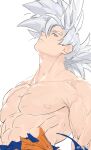  1boy adam&#039;s_apple bara dragon_ball dragon_ball_super expressionless grey_hair head_tilt ji_ou_ou large_pectorals male_focus muscular muscular_male nipples pectorals profile short_hair sideways_glance solo son_goku super_saiyan super_saiyan_god thick_eyebrows topless_male unfinished upper_body veins veiny_arms 