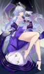  1girl absurdres aqua_eyes bare_legs bare_shoulders blue_choker blue_hair choker commentary_request dress gloves grey_dress hair_intakes high_heels highres honkai:_star_rail honkai_(series) long_hair looking_at_viewer off-shoulder_dress off_shoulder official_alternate_costume purple_dress purple_gloves robin_(honkai:_star_rail) shoes short_sleeves single_shoe smile solo srpzk thighs two-tone_dress very_long_hair white_footwear 