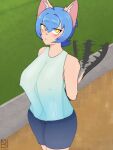 absurd_res anthro blue_hair blush blush_lines bottomwear branch clothed clothing domestic_cat erect_nipples felid feline felis female fur glowing glowing_eyes hair hi_res lyla_(nephewly) mammal nephewly nipples pants pursed_lips shirt solo speed_lines swinging swinging_tail topwear yellow_eyes