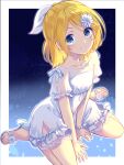  1girl arms_between_legs blonde_hair blue_eyes bow bracelet dress fairy_dress_(module) flower flower_bracelet footwear_flower hair_bow hair_flower hair_ornament half_updo harusamesyota high_heels highres jewelry kagamine_rin medium_hair project_diva_(series) see-through see-through_sleeves short_sleeves sitting smile solo vocaloid wariza 