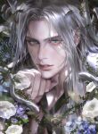  1boy absurdres begoffda black_coat blue_eyes blue_flower bouquet branch chest_strap coat commentary english_commentary final_fantasy final_fantasy_vii flower grey_hair hand_on_own_chin hand_up high_collar highres leaf light_smile long_bangs long_hair looking_at_viewer male_focus parted_bangs parted_lips sephiroth snake solo upper_body white_flower 