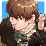  1boy bara between_fingers black_gloves blue_background blue_ribbon border brown_cape brown_hair cape cheekbones facial_hair fate/grand_order fate_(series) fingernails gloves goatee green_eyes green_tunic grin hector_(fate) holding imoda male_focus mature_male one_eye_closed ribbon smile smoking solo white_border 