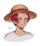  1boy aged_down brown_eyes hat hat_ribbon highres light_smile looking_at_viewer male_focus momoh_jiyucho one_piece portrait red_hair red_ribbon ribbon shanks_(one_piece) shirt short_hair simple_background solo straw_hat translation_request white_background white_shirt 