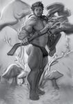  1boy abs bara beard_stubble bulge facial_hair florakinesis full_body greyscale gryph_(gryphonburger) hairy highres holding holding_weapon large_pectorals looking_at_viewer male_focus mature_male monochrome muscular muscular_male mushroom mustache_stubble navel nipples original pectorals shaman sketch solo standing stomach strongman_waist stubble thick_eyebrows thick_thighs thighs topless_male weapon 