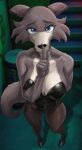 2024 absurd_res anthro beastars blue_eyes boobacafe canid canine canis clothing female finger_to_mouth fishnet_clothing fishnet_legwear footwear fur hand_behind_back hi_res high-angle_view high_heels juno_(beastars) legwear looking_at_viewer mammal playboy_outfit solo trash_can wolf