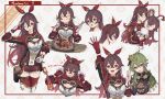  2girls :d :t ;d a-tora amber_(genshin_impact) arm_up baron_bunny_(genshin_impact) bow bow_hairband bridal_gauntlets brown_eyes brown_hair brown_shorts character_name closed_eyes collei_(genshin_impact) eating facing_viewer floating_hair fork genshin_impact gloves green_hair hair_between_eyes hair_bow hairband hand_on_own_hip highres holding holding_fork long_hair looking_at_viewer multiple_girls multiple_views one_eye_closed purple_eyes red_bow red_gloves red_hairband red_thighhighs short_shorts shorts smile thighhighs two-tone_gloves very_long_hair white_gloves 