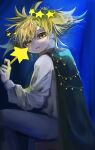 1boy black_cape blonde_hair blue_background cape frill_inferno halo highres long_sleeves looking_at_viewer male_focus medium_hair pppppp shirt sitting solo sonoda_lucky star_(symbol) wand white_shirt yellow_eyes 