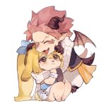  1boy 1girl animal_ears barefoot black_jacket blonde_hair blue_shirt brown_eyes brown_horns chibi chibi_only closed_eyes dragon_boy dragon_horns dragon_tail dragon_wings fairy_tail floppy_ears full_body highres horns jacket jyukawa long_hair looking_at_another lucy_heartfilia natsu_dragneel open_clothes open_jacket open_mouth pants pointy_ears ponytail rabbit_ears rabbit_girl rabbit_tail scales scarf shirt short_hair simple_background sitting skirt tail white_background white_pants white_scarf white_skirt wings 