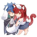  1boy 1girl animal_ears arm_tattoo barefoot black_cloak blue_hair blue_skirt brown_eyes cat_ears cat_girl cat_tail chibi chibi_only cloak dog_boy dog_ears dog_tail erza_scarlet facial_tattoo fairy_tail floppy_ears full_body grabbing_another&#039;s_tail highres jellal_fernandes jyukawa looking_at_viewer pleated_skirt red_eyes red_hair red_tail shirt simple_background skirt sleeveless sleeveless_shirt standing tail tattoo white_background white_shirt white_tail 