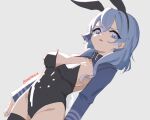  1girl ako_(blue_archive) animal_ears black_leotard black_thighhighs blue_archive blue_eyes blue_hair breasts cowboy_shot fake_animal_ears fake_horns grey_background groin hair_between_eyes horns large_breasts leotard long_hair long_sleeves looking_at_viewer open_mouth rabbit_ears rabbit_tail simple_background skeptycally solo strapless strapless_leotard tail thighhighs twitter_username 