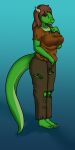  absurd_res anthro argonian beaverbastard big_breasts breasts brown_clothing brown_hair clothing female green_body green_scales hair hand_on_breast hi_res horn nel-tei_(golddrake) scales scalie solo tail the_elder_scrolls torn_clothing 