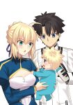  1girl 2boys ahoge artoria_pendragon_(fate) black_hair blonde_hair blue_eyes blush bottle fate/grand_order fate/stay_night fate_(series) father_and_son fujimaru_ritsuka_(male) fujimaru_ritsuka_(male)_(decisive_battle_chaldea_uniform) highres holding holding_bottle if_they_mated longdq3008 milk_bottle mother_and_son multiple_boys saber_(fate) short_hair tagme 