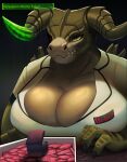 2_horns alipse anthro big_breasts black_background breasts clothing deathclaw fallout female feral horn non-mammal_breasts scalie simple_background solo uniform