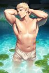  1boy absurdres arms_behind_head bara blonde_hair bulge closed_mouth dungeon_meshi highres laios_touden large_pectorals male_focus male_underwear muscular muscular_male navel nifast_(greentail) nipples outdoors pectorals short_hair solo twitter_username underwear water wet white_male_underwear yellow_eyes 