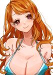 1girl armpit_crease azuki_sena bare_shoulders bikini bikini_top_only blue_bikini breasts brown_eyes cleavage closed_mouth collarbone commentary halterneck highres large_breasts long_hair looking_at_viewer nami_(one_piece) one_piece orange_hair smile solo swept_bangs swimsuit upper_body wavy_hair white_background 