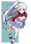  1girl absurdres arm_up bad_leg bakuma blue_dress blue_eyes breasts cleavage dangle_earrings dress earrings from_above full_body highres jewelry long_hair long_sleeves looking_at_viewer medium_breasts no_scar ponytail red_scarf rwby scarf shoes solo very_long_hair weiss_schnee white_hair 
