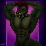 abs absurd_res alligator alligatorid animatronic anthro barazoku biceps black_sclera choker collar crocodilian five_nights_at_freddy&#039;s five_nights_at_freddy&#039;s:_security_breach flexing glowing glowing_eyes green_body grin hair hands_behind_head hi_res jewelry machine male male/male mohawk montgomery_gator muscular necklace nude pecs pink_background purple_background red_eyes red_hair reptile robot scalie scottgames shaded signature simple_background smile solo spiked_collar spikes steel_wool_studios tail teeth xeresarts