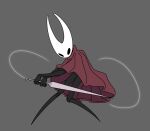  2024 action_pose black_body cape clockwise_real clothing hollow_eyes hollow_knight hornet_(hollow_knight) melee_weapon pose red_cape red_clothing simple_background solo sword team_cherry weapon 
