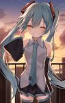  1girl absurdres aqua_hair aqua_necktie arm_behind_back bare_shoulders black_skirt black_sleeves black_thighhighs blurry blurry_background breasts cloud commentary cowboy_shot detached_sleeves double-parted_bangs evening facing_viewer film_grain grey_shirt grin hand_up hatsune_miku highres long_hair necktie number_tattoo outdoors pleated_skirt ryaru_ryaru shirt shooting_star skirt small_breasts smile solo star_(sky) tattoo thighhighs twintails very_long_hair vocaloid zettai_ryouiki 