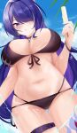  1girl absurdres acheron_(honkai:_star_rail) alternate_breast_size alternate_costume bikini black_bikini black_choker blush breasts choker cleavage commentary_request cowboy_shot diamond-shaped_pupils diamond_(shape) dutch_angle earrings food from_below front-tie_bikini_top front-tie_top hair_intakes hair_over_one_eye highres holding holding_food holding_ice_cream honkai:_star_rail honkai_(series) ice_cream jewelry kuro_(blackpgmickey) large_breasts leg_tattoo long_hair looking_at_viewer multicolored_hair navel paid_reward_available parted_lips purple_eyes purple_hair solo stomach streaked_hair swimsuit symbol-shaped_pupils tattoo thigh_strap wet 
