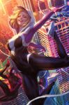  1boy 1girl blonde_hair bodysuit breasts building city gwen_stacy highres marvel mask midair official_art shoes silk smile sneakers spider-gwen spider-man_(miles_morales) spider-man_(series) spider_web spider_web_print spidersona stanley_lau superhero_costume toned two-tone_bodysuit v 